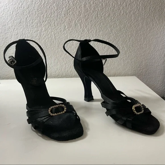 Very Fine Ballroom Salsa Dance Heels - Black Satin with Gold Embellish- Size 7.5 - Picture 2 of 5